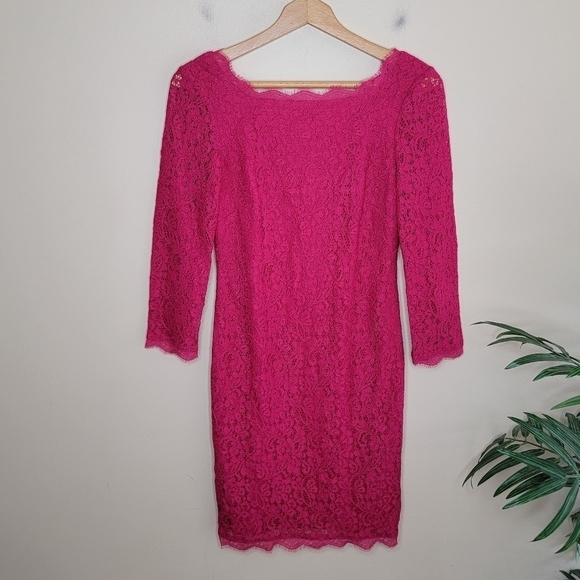 Adrianna Papell | Hot Pink Lace Sheath Dress with V-Back Size 4 - Picture 1 of 6